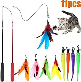 MeoHui 11PCS Retractable Cat Feather Toy Set, Interactive Cat Toys Wand with 2 Poles & 9 Attachments Worm Bird Feathers, Cat Feather Teaser Wand Toy for Kitten Cat Having Fun Exercise Playing