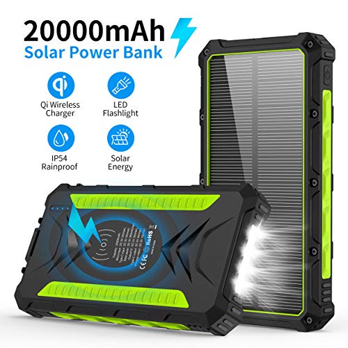 Solar Charger, 20000mAh Qi Wireless Power Bank Portable External Backup Battery