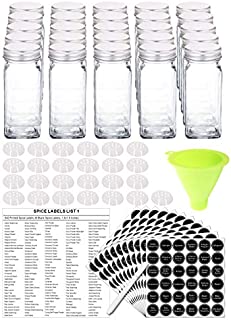 SWOMMOLY 25 Glass Spice Jars with 396 Spice Labels, Chalk Marker and Funnel Complete Set. 25 Square Glass Jars 4OZ, Airtight Cap, Pour/sift Shaker Lid