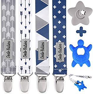 Pacifier Clip by Dodo Babies Pack of 4 + 2 Teether Toys, Premium Quality Modern Designs Universal Holder Leash for Boys and Girls, Teething Toy or Soothie, Baby Shower Gift Set