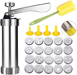 Spritz Cookie Press Gun Kit, Stainless Steel Biscuit Press Cookie Gun Set with 20 Cookie discs and 4 nozzles for DIY Biscuit Maker and Churro Maker (Free Cleaning Brush)