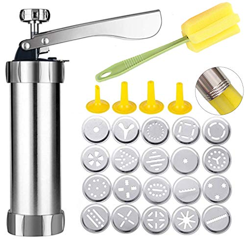 Spritz Cookie Press Gun Kit, Stainless Steel Biscuit Press Cookie Gun Set with 20 Cookie discs and 4 nozzles for DIY Biscuit Maker and Churro Maker (Free Cleaning Brush)