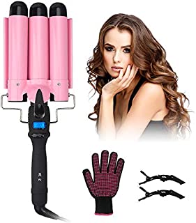 3 Barrel Curling Iron - FlyBeBe Hair Waver Crimper Hair Iron, Beach Waves Curling Iron 1 Inch Ceramic Tourmaline Curling Wand, Dual Voltage Hair Crimper with LCD Temperature Display