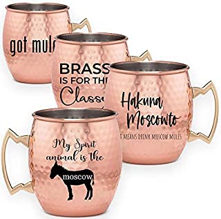 Moscow Mule Gift Set Funny Moscow Mule Mugs Set of 4 | Fun Copper Mugs - Hakuna Moscowto | Moskow Mule Cups - Personalized Monogram Mull Mugs - Got Mule Mug, Brass is for the Classy Mascow Mules Cup