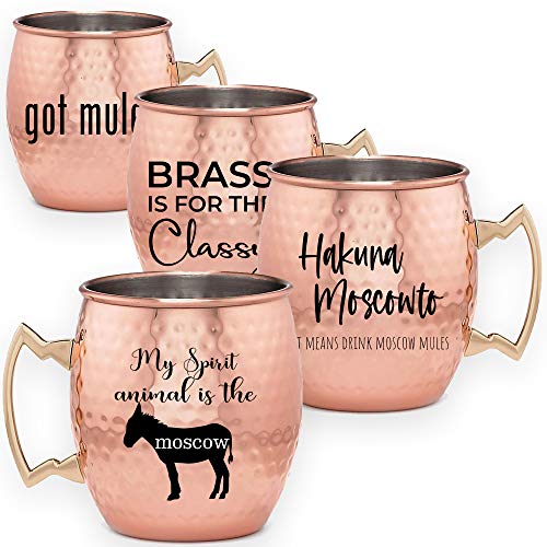 Moscow Mule Gift Set Funny Moscow Mule Mugs Set of 4 | Fun Copper Mugs - Hakuna Moscowto | Moskow Mule Cups - Personalized Monogram Mull Mugs - Got Mule Mug, Brass is for the Classy Mascow Mules Cup