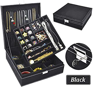 Jewelry Box for Women, QBeel 2 Layer 36 Compartments Necklace Jewelry Organizer with Lock Jewelry Holder for Earrings Bracelets Rings - Black