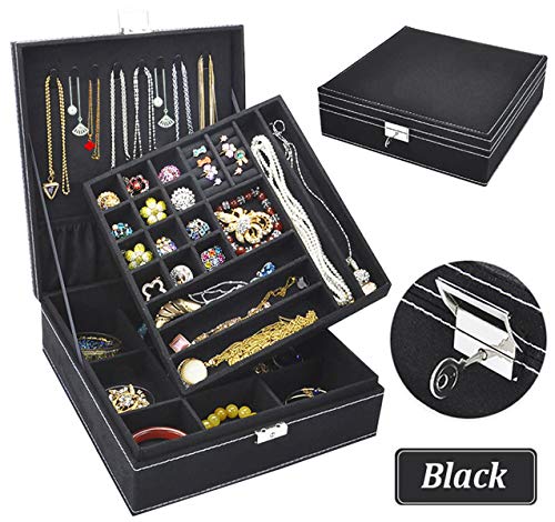 Jewelry Box for Women, QBeel 2 Layer 36 Compartments Necklace Jewelry Organizer with Lock Jewelry Holder for Earrings Bracelets Rings - Black