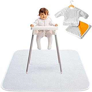 2-In-1 Waterproof Baby Splat Mat for Under High Chair (51 x 51) with Toddler Smock and Weaning Ebook - Large Non-Slip Infant High Chair Mat Food Catcher Protects Floor from Mealtime Messes