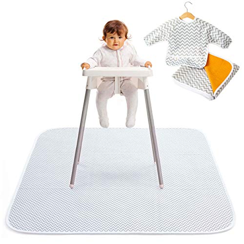 2-In-1 Waterproof Baby Splat Mat for Under High Chair (51 x 51) with Toddler Smock and Weaning Ebook - Large Non-Slip Infant High Chair Mat Food Catcher Protects Floor from Mealtime Messes