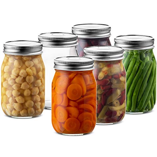 Glass Regular Mouth Mason Jars, 16 Ounce Glass Jars with Silver Metal Airtight Lids for Meal Prep, Food Storage, Canning, Drinking, Overnight Oats, Jelly, Dry Food, Spices, Salads, Yogurt (6 Pack)