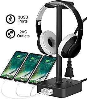 Headphone Stand with USB Charger COZOO Desktop Gaming Headset Holder Hanger with 3 USB Charger and 2 Outlets - Suitable for Gaming, DJ, Wireless Earphone Display (Black)