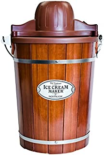 Nostalgia ICMP600WD Electric Bucket Ice Cream Maker With Easy-Carry Handle, Makes 6-Quarts in Minutes, Frozen Yogurt, Gelato, Made From Real Wood, Brown