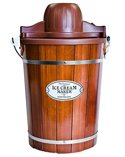 Nostalgia ICMP600WD Electric Bucket Ice Cream Maker With Easy-Carry Handle, Makes 6-Quarts in Minutes, Frozen Yogurt, Gelato, Made From Real Wood, Brown