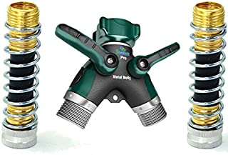 2wayz All Metal Body Garden Hose Splitter. Newly Upgraded (2017): 100% Secured, Bolted & Threaded. Easy Grip, Smooth Long Handles y Valve + 2 Kink Free 8cm Hose Savers