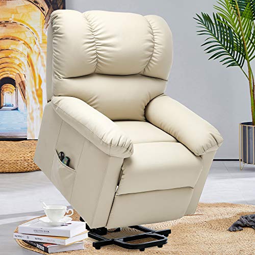 ERGOREAL Power Lift Recliner Chairs for Elderly with Massage, Heated Electric Chair Lift for Senior, Tufted Heavy Duty Lift Chair PU Leather with Remote Control, Motorized Single Sofa (Beige)