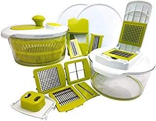 MegaChef Multi-Use Salad Spinning, Dicer and Chopper Veggie Mandoline Slicer with Julienne Graterwith Interchangeable Blades and Storage Lids, 16 Piece, Green