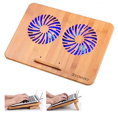 SUMISKY Laptop Stand Cooling Pad 100% Bamboo Adjustable Laptop Desk with 2 Quiet Cooling Fans Blue Light and 2 USB Ports Ergonomic Cooler Pad for 13-16 inches Laptop (15