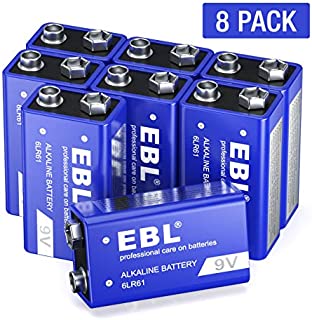 EBL 9V Alkaline Battery - Long Lasting 9 Volt Battery for Smoke Alarms, Electronic Toys and More - Pack of 8