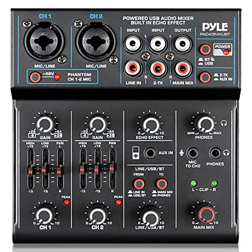 Professional Wireless DJ Audio Mixer - 4-Channel Bluetooth DJ Controller Sound Mixer - USB Audio Interface, 2 Combo Jack XLR+6.35mm Mic/Line/Guitar In, 3.5mm, RCA AUX, Headphone Jack - Pyle PAD43MXUBT