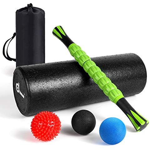 Odoland Foam Roller Set, Large 18 Muscle Foam Roller, Muscle Roller Stick and Massage Balls for High Density Physical Therapy Exercise, Deep Tissue Trigger, Pain & Myofascial Relief Home Gym Set