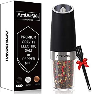 Gravity Electric Pepper Grinder or Salt Grinder MillWhite Light- Battery Operated Automatic Pepper Mill with Light, Adjustable Coarseness, One Handed Operation, Cleaning Brush, Black by AmuseWit