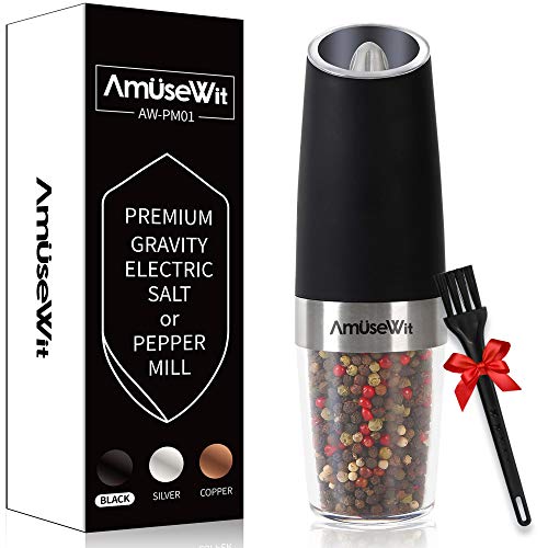 Gravity Electric Pepper Grinder or Salt Grinder MillWhite Light- Battery Operated Automatic Pepper Mill with Light, Adjustable Coarseness, One Handed Operation, Cleaning Brush, Black by AmuseWit