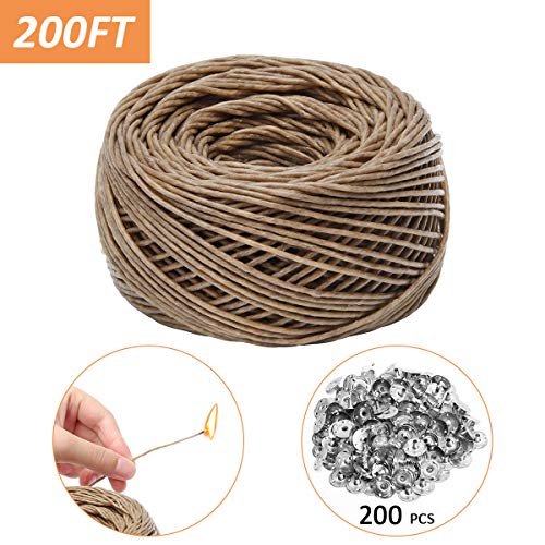 Coitak 200FT Hemp Candle Wick with 200 PCS Metal Tabs, Natural Beeswax Coating for Candle Making, 2mm