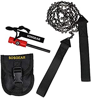 SOS Gear Pocket Chainsaw and Fire Starter, Survival Hand Saw in Pouch with Compass, Whistle for Camping, Hunting, Tree Trimming, Black Straps