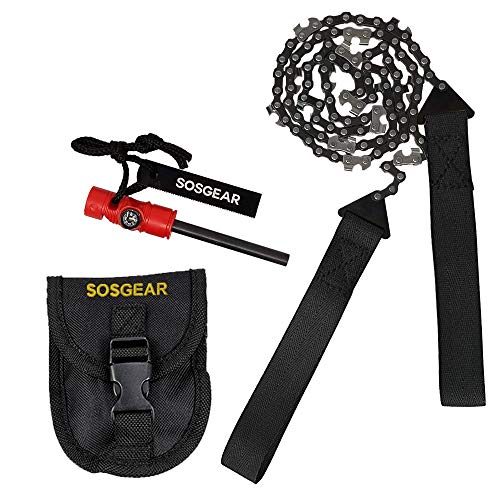 SOS Gear Pocket Chainsaw and Fire Starter, Survival Hand Saw in Pouch with Compass, Whistle for Camping, Hunting, Tree Trimming, Black Straps