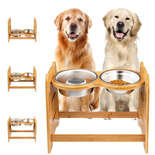 Yangbaga Raised Dog Bowl, Bamboo Elevated Dog Bowl for Dogs and Cats, 3 Adjustable Heights with 2 Stainless Steel Bowls, Comes with Anti-Slip Rubber Feet and Anti-Noise Pieces