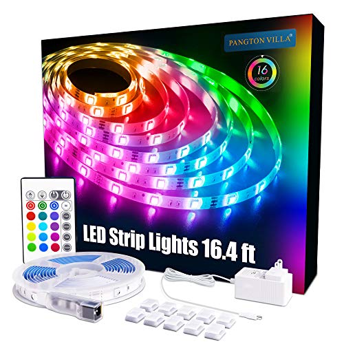 PANGTON VILLA Led Strip Lights 16.4 ft RGB 5050 Color Kit with 24 Key Remote Control and Power Supply Mood Lamp for Room Bedroom Home Kitchen Indoor Decorations