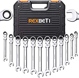 REXBETI 12-Piece Metric Flex-Head Ratcheting Wrench Set, 8-19MM, Chrome Vanadium Steel Combination Wrench Set With Durable Blow Mold Case