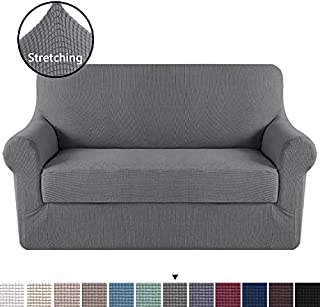 H.VERSAILTEX High Stretch Rich Jacquard 2-Piece Loveseat Slipcover/Furniture Covers for Loveseat with Elastic Bottom, Machine Washable Spandex Jacquard Fabric Stay in Place, Loveseat, Charcoal Gray