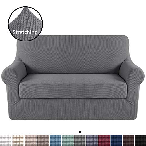 H.VERSAILTEX High Stretch Rich Jacquard 2-Piece Loveseat Slipcover/Furniture Covers for Loveseat with Elastic Bottom, Machine Washable Spandex Jacquard Fabric Stay in Place, Loveseat, Charcoal Gray