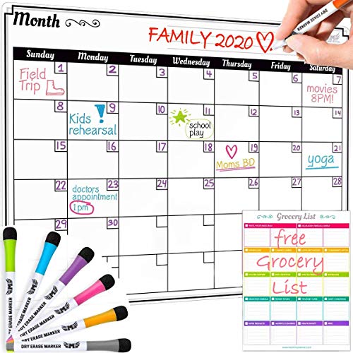 Dry Erase Monthly Calendar Set - Large Magnetic White Board & Grocery List Organizer for Kitchen Refrigerator (Horizontal)