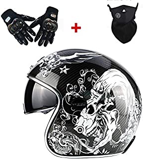 Wuxie Carbon Fiber Motorcycle Open Face Helmet, Personality Retro Motorcycle Chopper Bike Helmet with Gloves/Mask/Sun Visor(Hardy),M