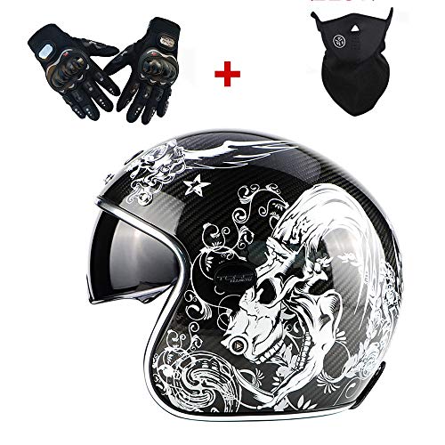 Wuxie Carbon Fiber Motorcycle Open Face Helmet, Personality Retro Motorcycle Chopper Bike Helmet with Gloves/Mask/Sun Visor(Hardy),M