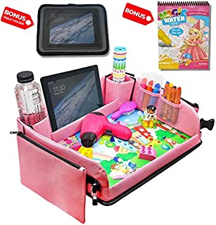 Kids Car Seat Travel Tray (Pink) + Bonus Water Coloring Book + Bonus Car Headrest Tablet Holder |Activity & Stroller Lap Tray