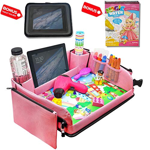 Kids Car Seat Travel Tray (Pink) + Bonus Water Coloring Book + Bonus Car Headrest Tablet Holder |Activity & Stroller Lap Tray