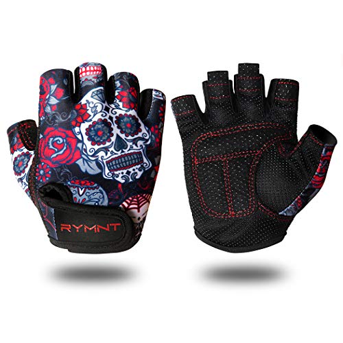 ZEROFIRE RYMNT Workout Gloves for Women Men, Weight Lifting Fingerless Gloves w/Grip-Lock Palm Padding for Fitness Exercise, Crossfit Training, Powerlifting, Gym, Cycling(Skull&Rose,XSmall)