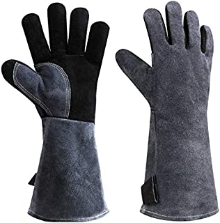 932°F Leather Heat Resistant Welding Gloves Grill BBQ Glove for Tig Welder/Grilling/Barbecue/Oven/Fireplace/Wood Stove - Long Sleeve and Insulated Cotton (Black-Gray,16-inch)¡­