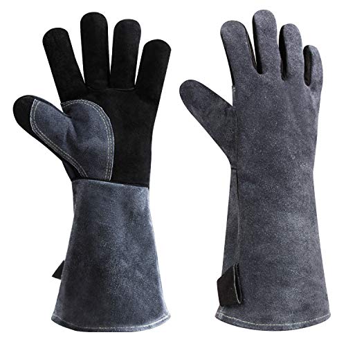 932°F Leather Heat Resistant Welding Gloves Grill BBQ Glove for Tig Welder/Grilling/Barbecue/Oven/Fireplace/Wood Stove - Long Sleeve and Insulated Cotton (Black-Gray,16-inch)¡­