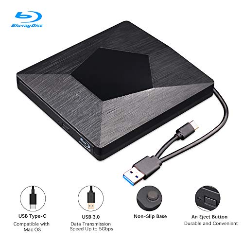 External 3D Blu Ray DVD Drive Burner, Wihool Ultra Slim USB 3.0 and Type-C Blu Ray BD CD DVD Burner Player Writer Reader Disk for Mac OS, Windows xp/7/8/10, Laptop PC (Black)