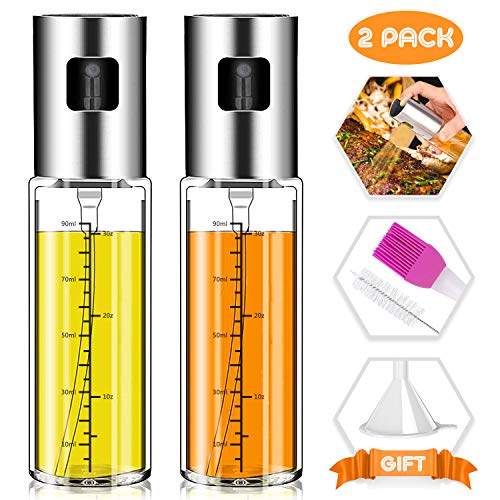 Olive Oil Sprayer,Norbase 2pack Oil Dispenser Mister for Cook Refillable Oil and Vinegar Dispenser Glass Bottle with Measurements for BBQ Baking Roasting Frying Oil Control Diet 100ml with Brush Funne