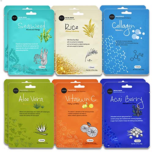 Celavi Essence Facial Face Mask Paper Sheet Korea Skin Care Moisturizing 12 Pack (Mix - 2 of Each) (Anti-aging)