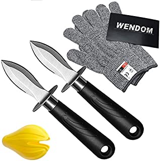 WENDOM Oyster Knife Shucker Set Oyster Shucking Knife and Gloves Cut Resistant Level 5 Protection Seafood Opener Kit Tools Gift(2knifes+1Glove)