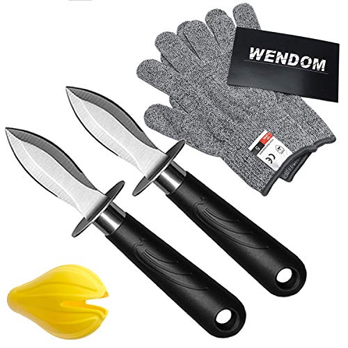 WENDOM Oyster Knife Shucker Set Oyster Shucking Knife and Gloves Cut Resistant Level 5 Protection Seafood Opener Kit Tools Gift(2knifes+1Glove)