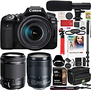 Canon EOS 90D DSLR Digital SLR Camera with 2 Lens Kit EF-S 18-135mm f/3.5-5.6 is USM + Tamron 18-200mm Di II VC and Deco Gear Case Bundle + Microphone + Monopod + Filter Set + 64GB Card & Accessories