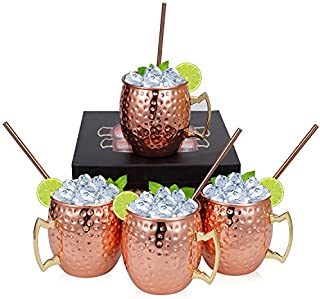 Set of 4 Copper Hammered Moscow Mule Mugs Drinking Cup with 4 Copper Straws, Great Dining Entertaining Bar Gift Set