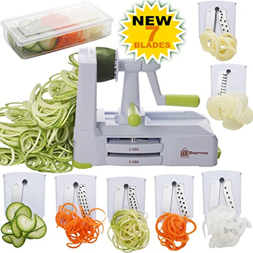 Brieftons 7-Blade Spiralizer: Strongest-and-Heaviest Duty Vegetable Spiral Slicer, Best Veggie Pasta Spaghetti Maker for Low Carb/Paleo/Gluten-Free, With Container, Lid, Blade Caddy & 4 Recipe Ebooks